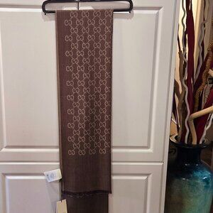 GUCCI GG Jacquard Wool/Silk Scarf - Brown
